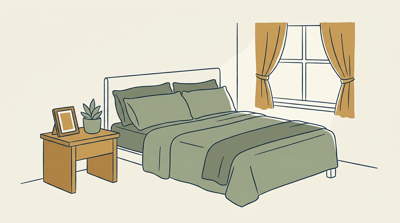 An illustration of a calm, settled new bedroom in the morning, a neatly made bed, a single framed photo on the nightstand and a small plant.