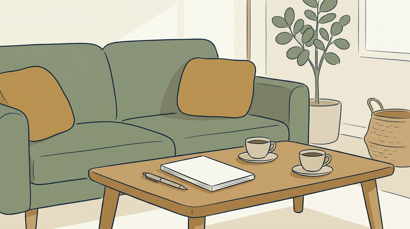 An illustration of a calm living room set for a gentle planning conversation, with a notepad and two coffee cups on the table.