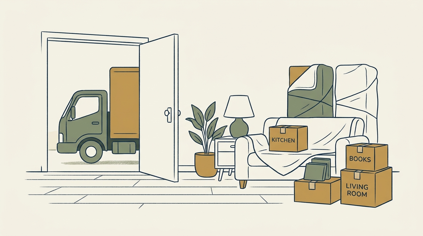 An illustration of a tidy room mid-move, furniture wrapped in clean moving blankets and neatly labeled boxes, a moving truck through the doorway.