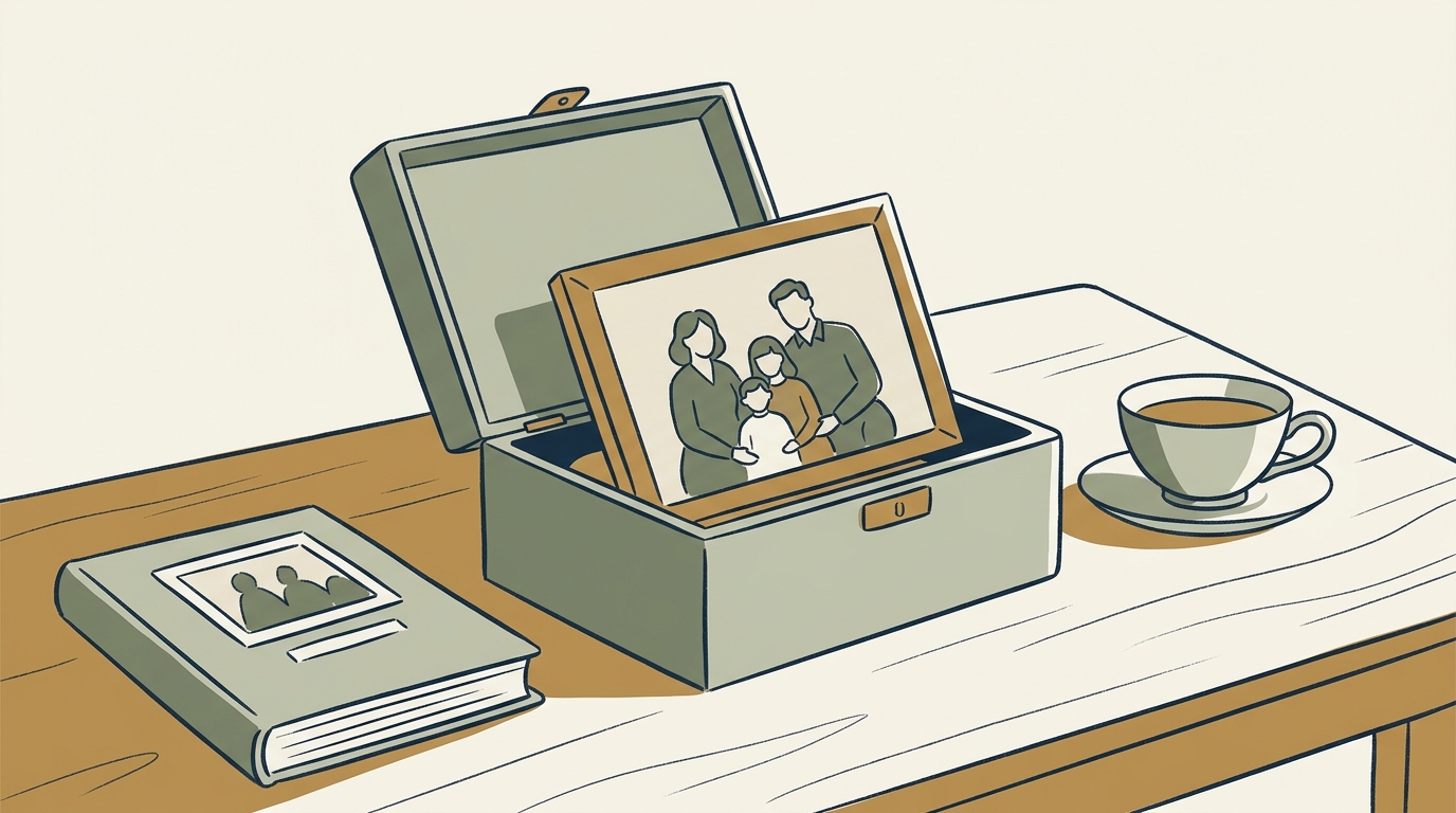 An illustration of an open keepsake box on a table with an old family photograph being placed inside, a photo album and teacup nearby.